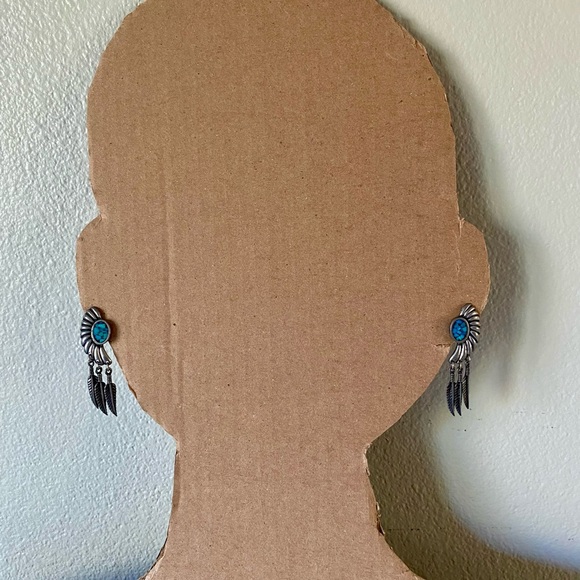 Pewter Turquoise Feather Earrings - Picture 2 of 7